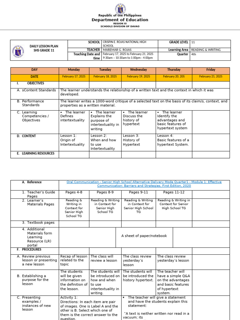 SHS Grade 11 Daily Lesson Plan: Reading & Writing | PDF | Learning ...