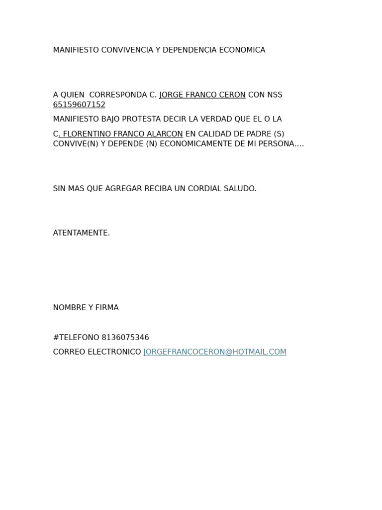 Manifiesto de Convivencia y Dependencia Económica | PDF