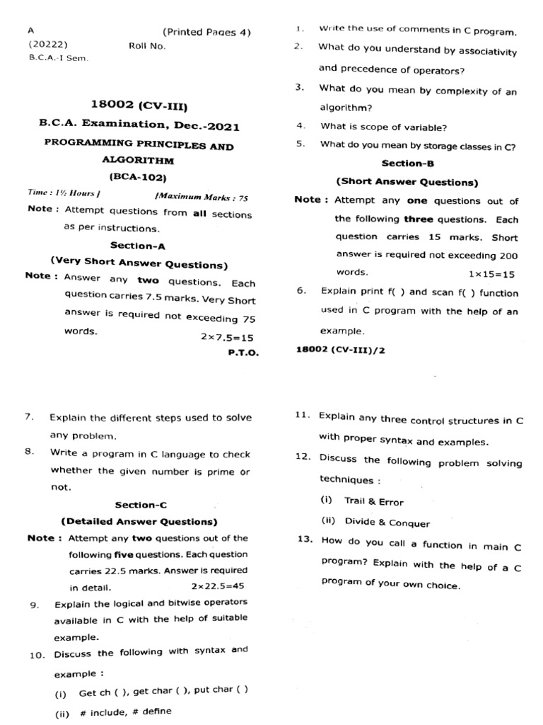 Bca 1 Sem Programming Principles and Algorithm 18002 CV 3 Dec 2021-1-1 ...