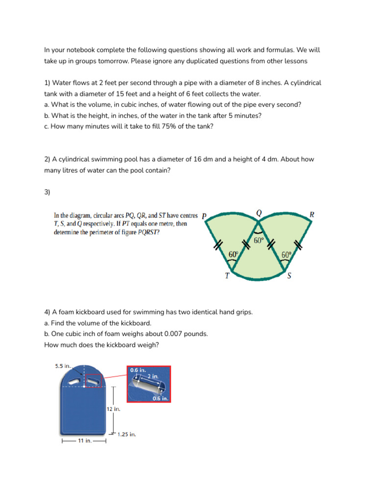Water Volume Calculations and Problems | PDF | Volume | Elementary Geometry