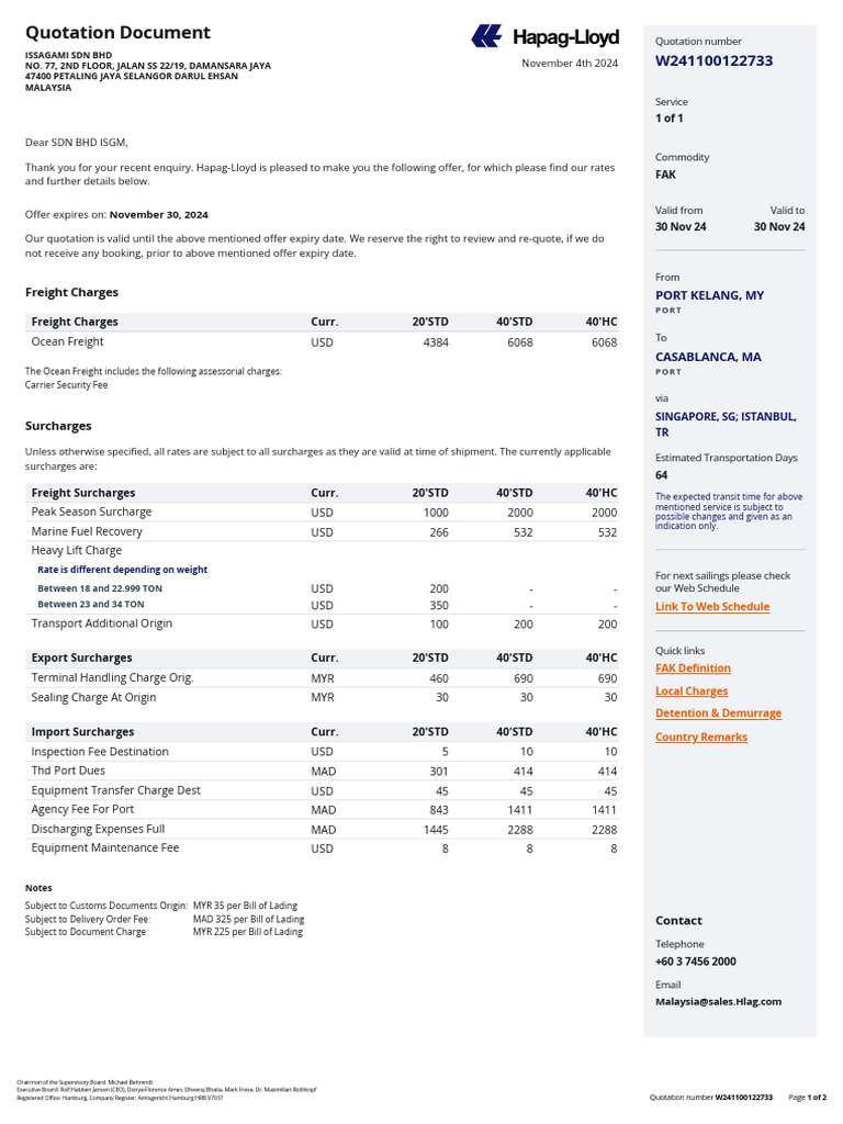 Hapag-Lloyd Quotation W241100122733 | PDF | Cargo | Fee