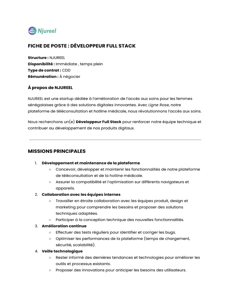 Fiche de Poste : Développeur Full Stack | PDF | Cloud computing ...