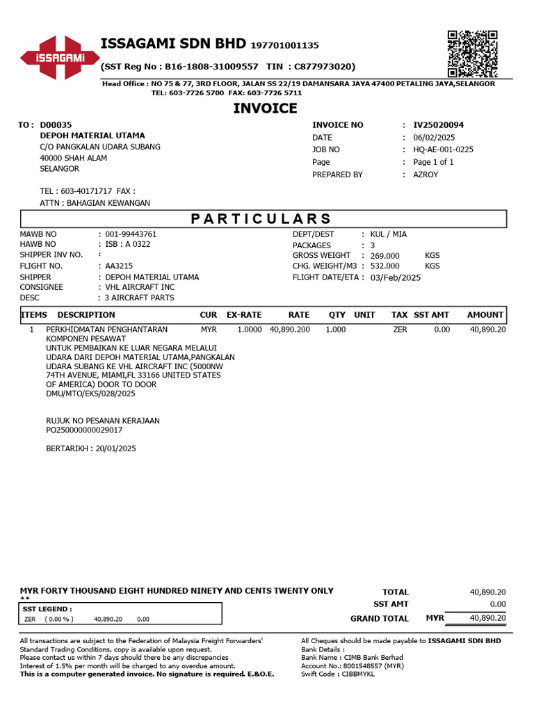 Aircraft Parts Shipping Invoice | PDF