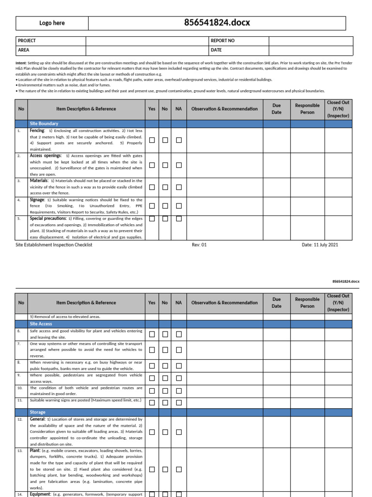 Site Establishment Inspection Checklist | PDF | First Aid | Fires
