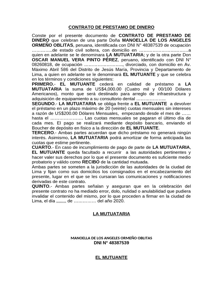 Contrato de Prestamo de Dinero | PDF
