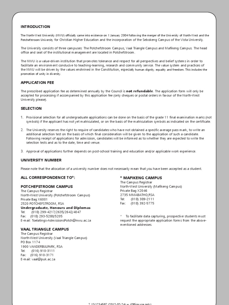 Nwu Application Forms Identity Document Financial Transaction