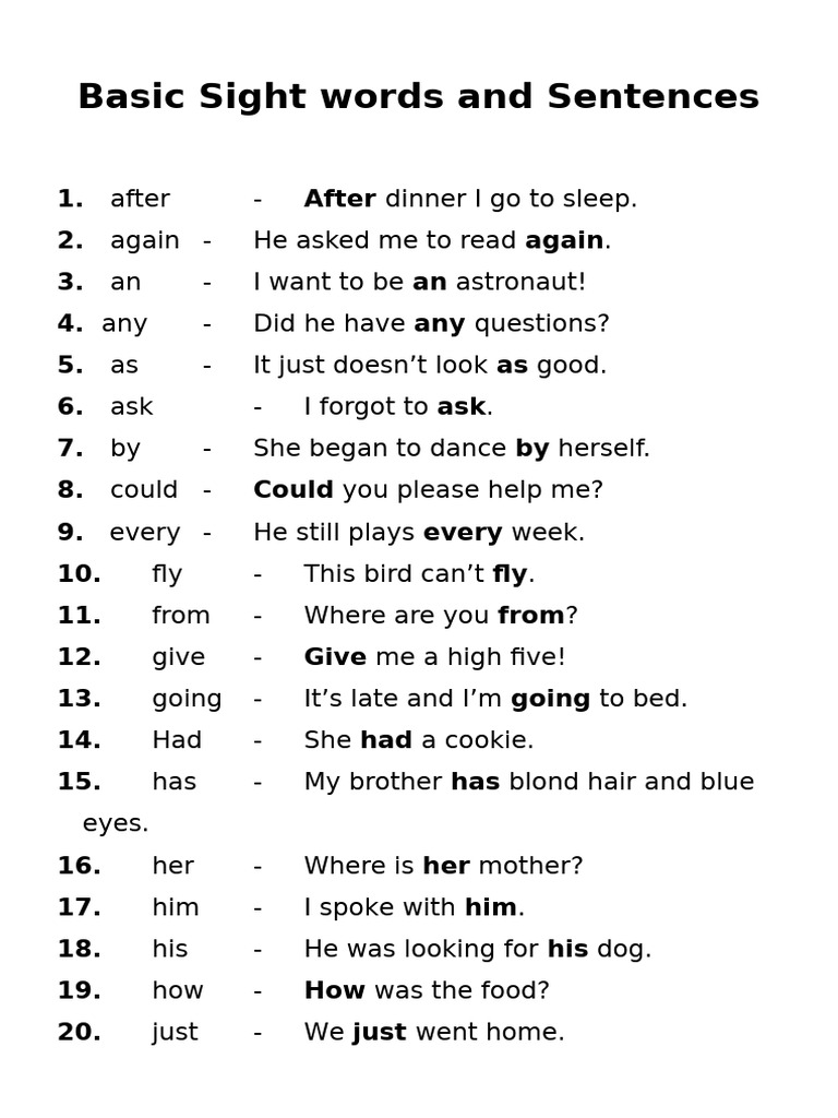 Essential Sight Words and Sentences | PDF
