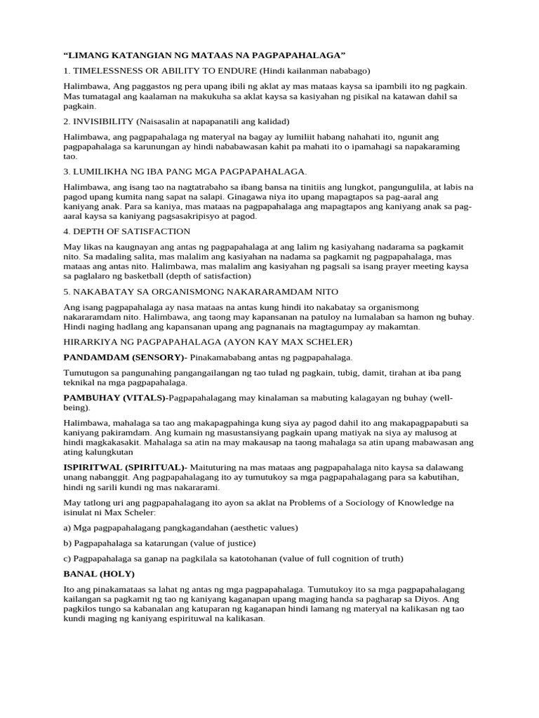 Limang Katangian NG Mataas Na Pagpapahalaga | PDF