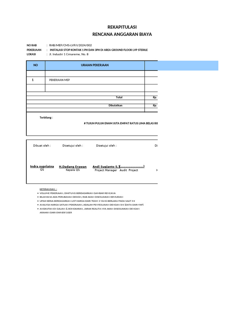 RAB Instalasi Stop Kontak LVP 2024 | PDF