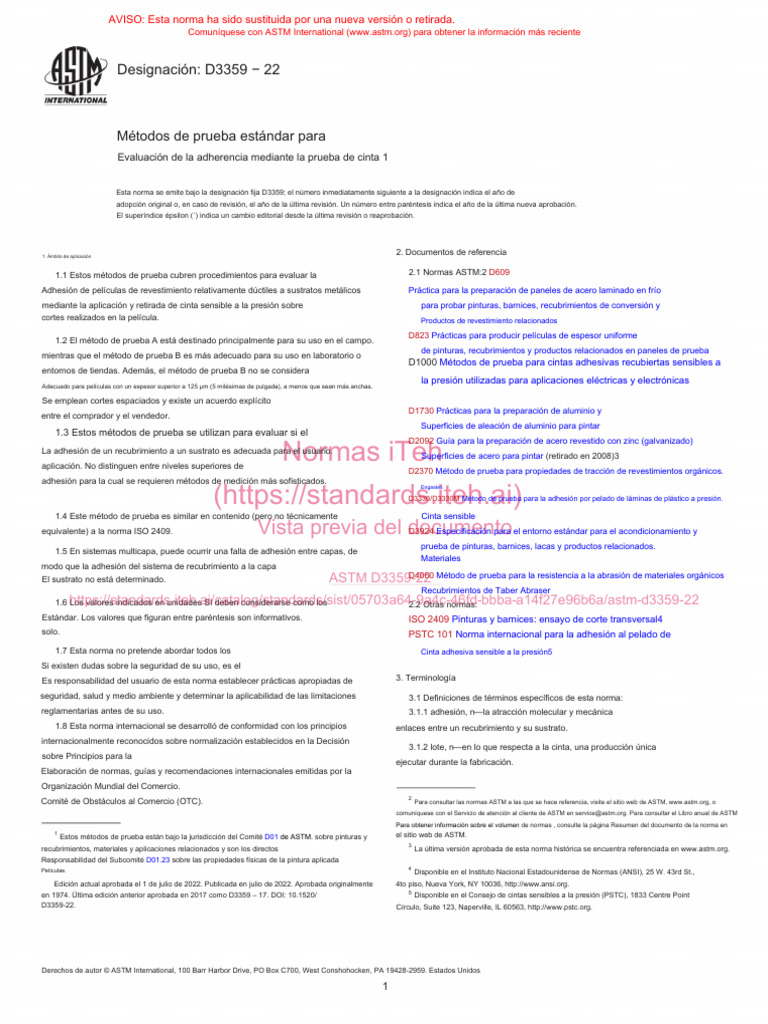 Prueba de adherencia ASTM D3359-22 | PDF | Revestimiento | Adhesión