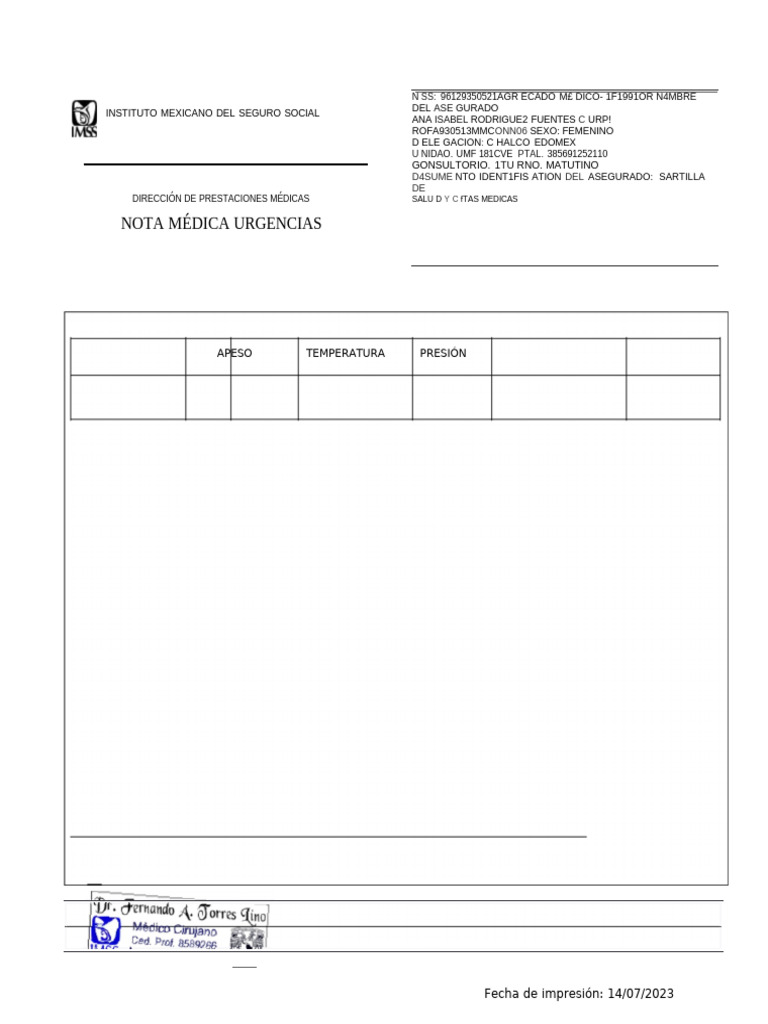 Nota Médica de Urgencias IMSS | PDF