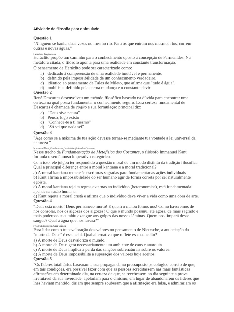 Questões de Filosofia para Simulado | PDF | Immanuel Kant | Deus