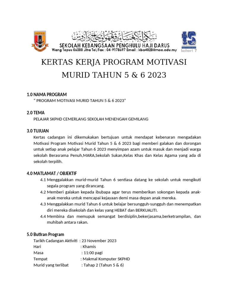 Program Motivasi Murid Tahun 5 & 6 2023 | PDF