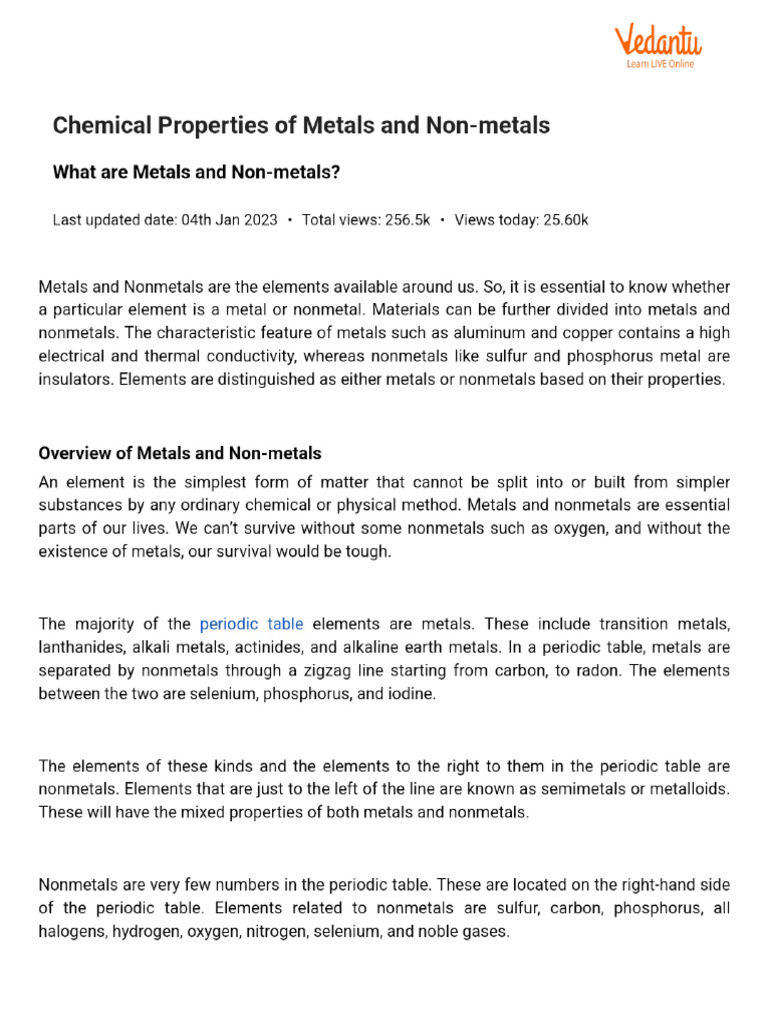 Chemical Properties of Metals and Non-Metals | PDF