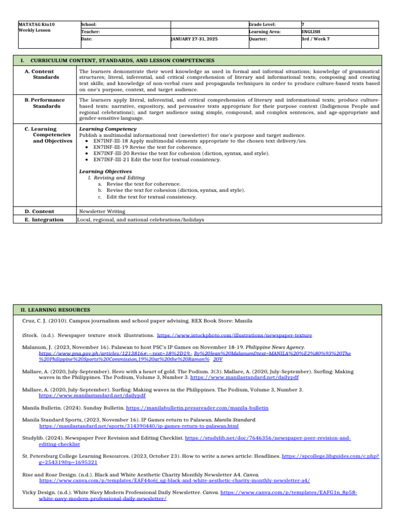 Eng 7 - DLL - Q3 - Week 7 | PDF | Teachers | Essays
