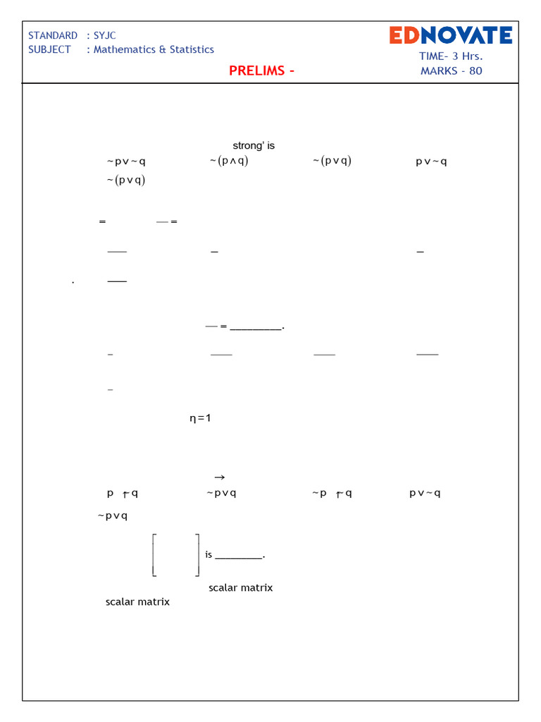 SYJC Mathematics & Statistics Prelims II | PDF | Matrix (Mathematics ...