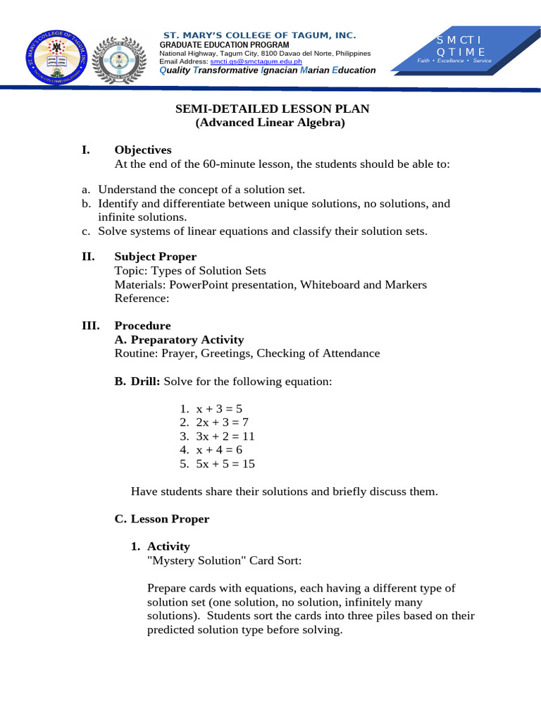 Lesson Plan - Types of Solution Sets | PDF | Equations | Mathematical ...