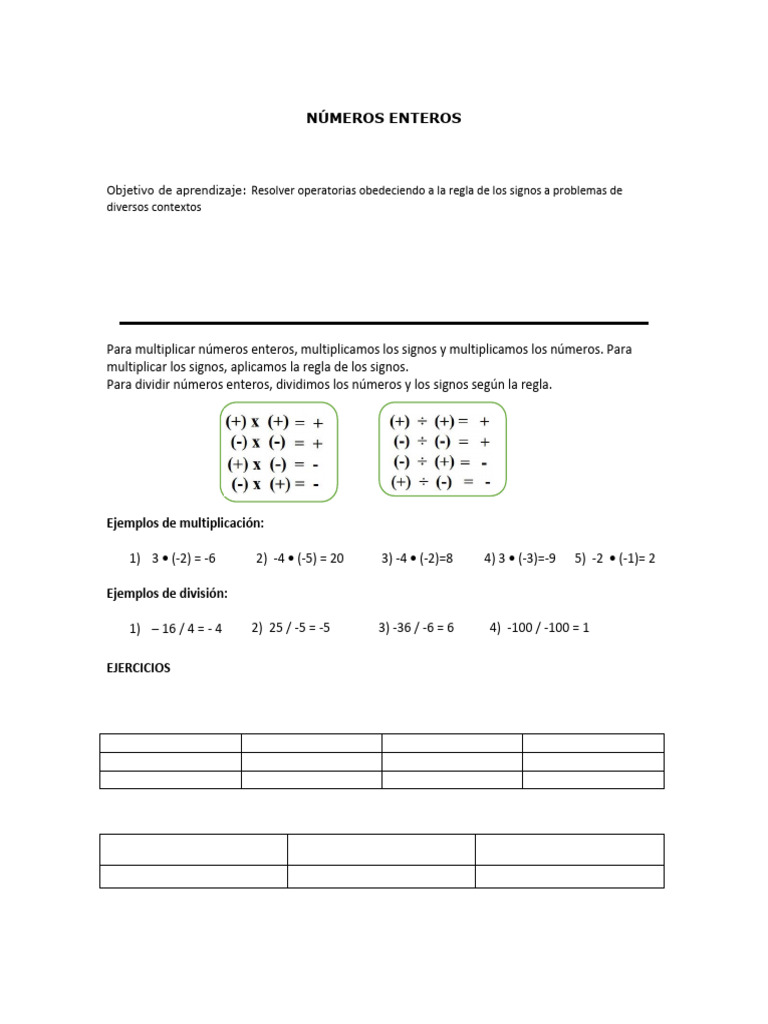 Multiplicación y División de Números Enteros | PDF | Multiplicación ...