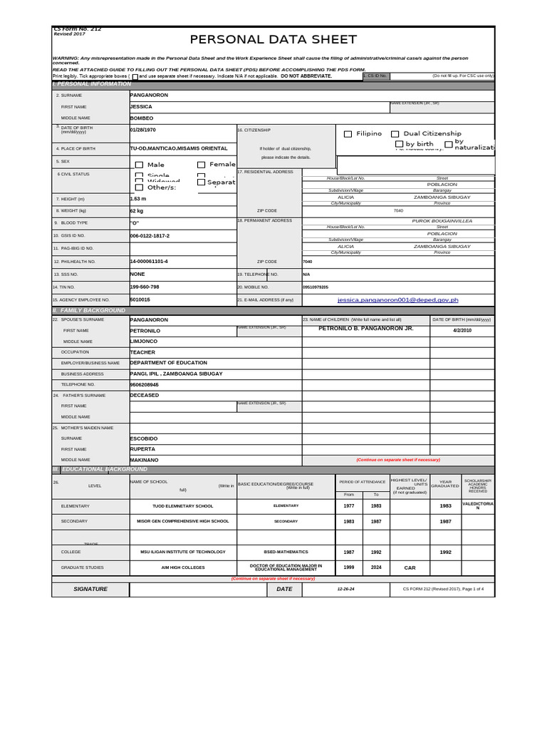 Personal Data Sheet Template | PDF | Government