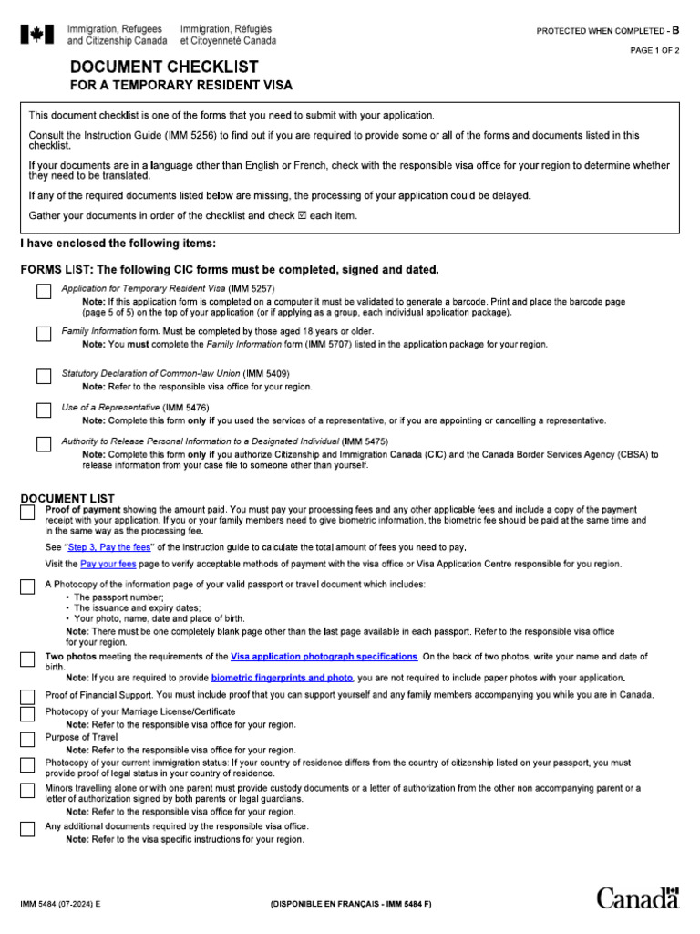 Visitor Visa Document Checklist (IMM 5484) | PDF
