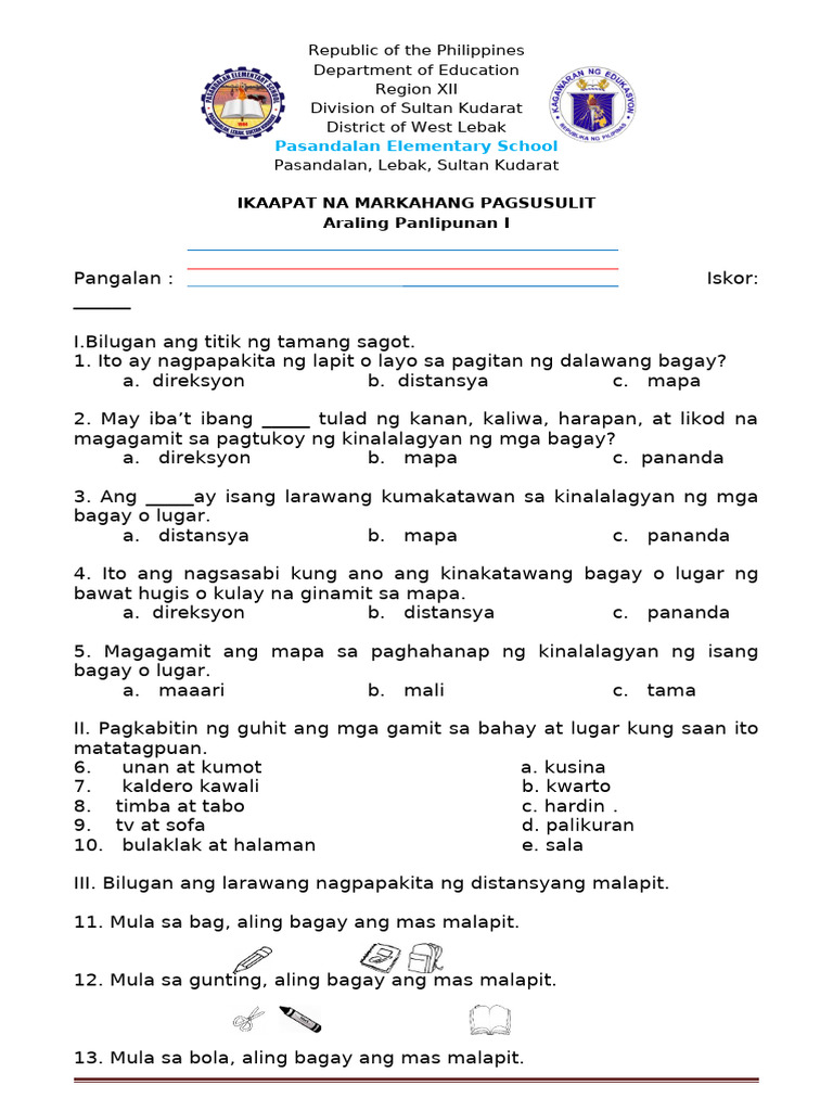 Grade-1 Fourth Quarter Examination - Araling Panlipunan 1 | PDF