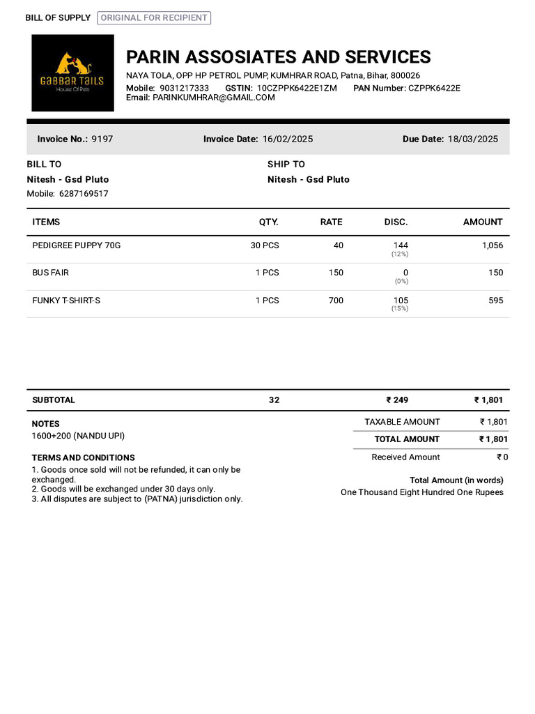 Nitesh GSD Pluto Sales Invoice 9197 | PDF
