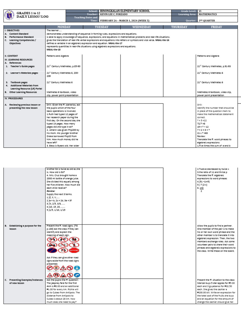 Grade 6 Math Lesson Plan: Algebra | PDF | Numbers | Equations