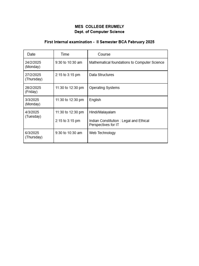 Internal Exam TT - II, IV and VI Semester BCA | PDF