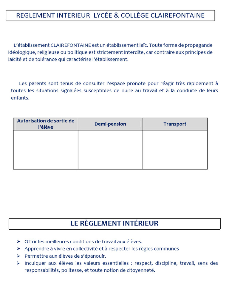 Règlement Intérieur du Lycée Clarefontaine | PDF