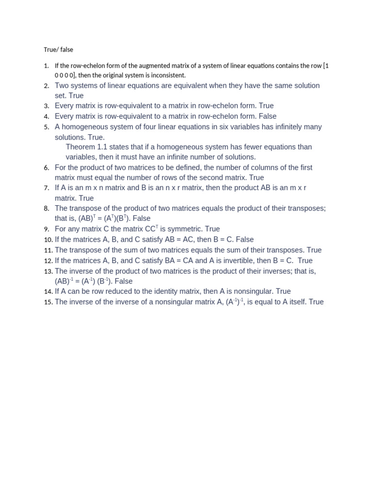 True/False Quiz on Linear Algebra Concepts | PDF