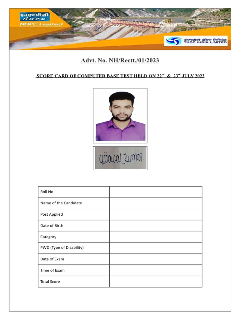 Junior Engineer Exam Score Card 2023 | PDF