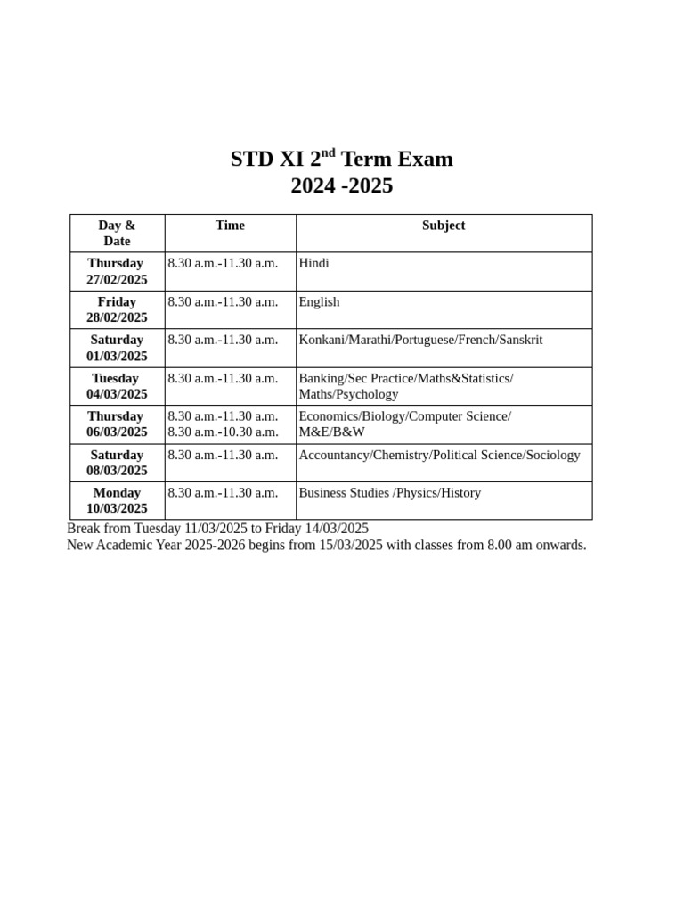 Class 11 2nd Semester Exam Dates 2025 | PDF
