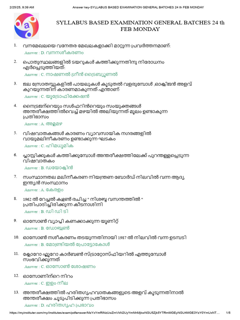 Answer key-SYLLABUS BASED EXAMINATION GENERAL BATCHES 24 TH FEB MONDAY ...