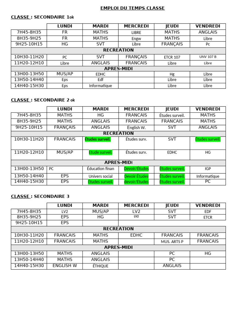 Emploi du temps des classes secondaires | PDF