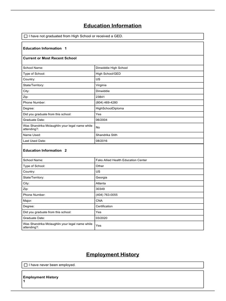 Shandrika Mclaughlin's Education & Employment History | PDF