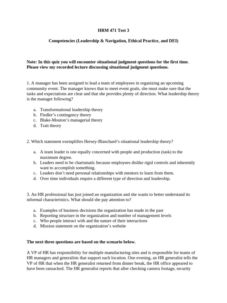 HRM 471 Test 3: Leadership & Ethics Quiz | PDF | Recruitment ...