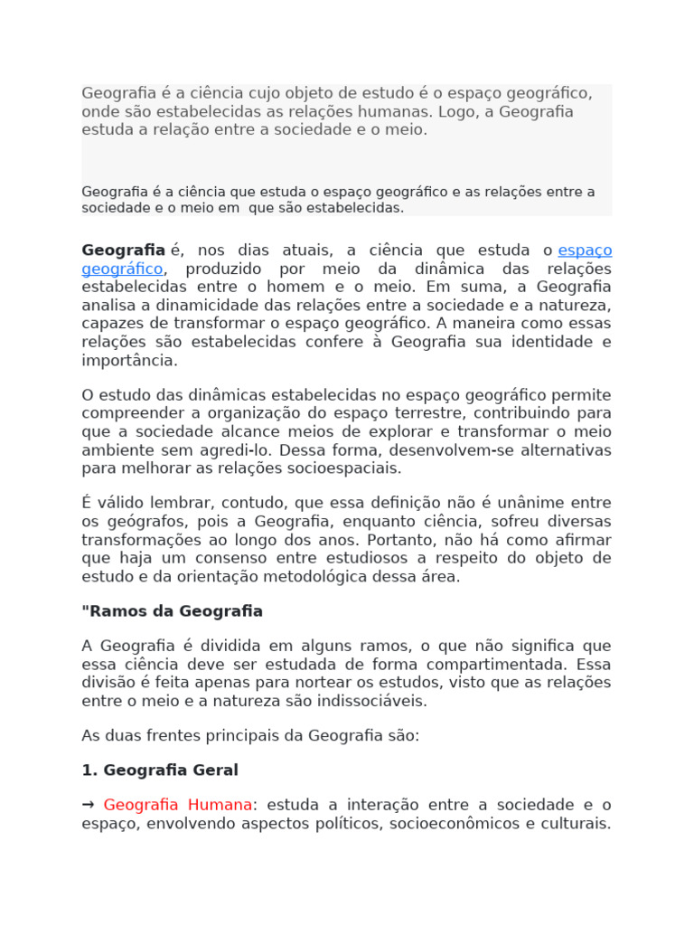 Importância da Geografia e seus Ramos | PDF | Geografia | Sociedade