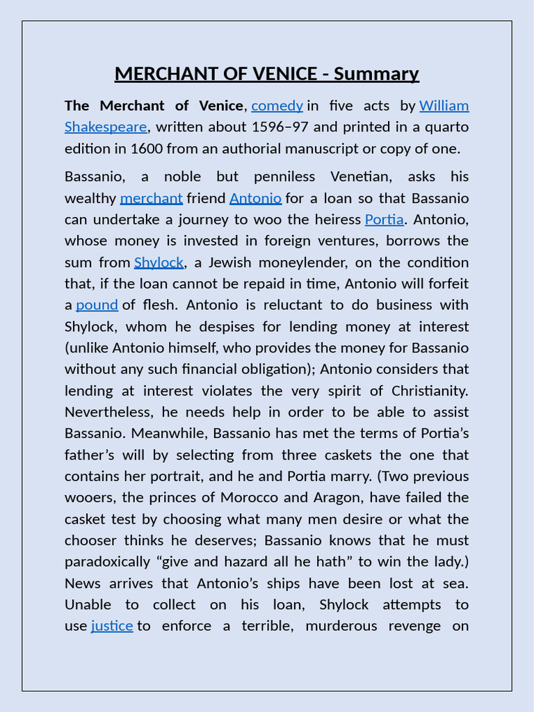 Merchant of Venice: A Tragicomedy Summary | PDF | The Merchant Of ...
