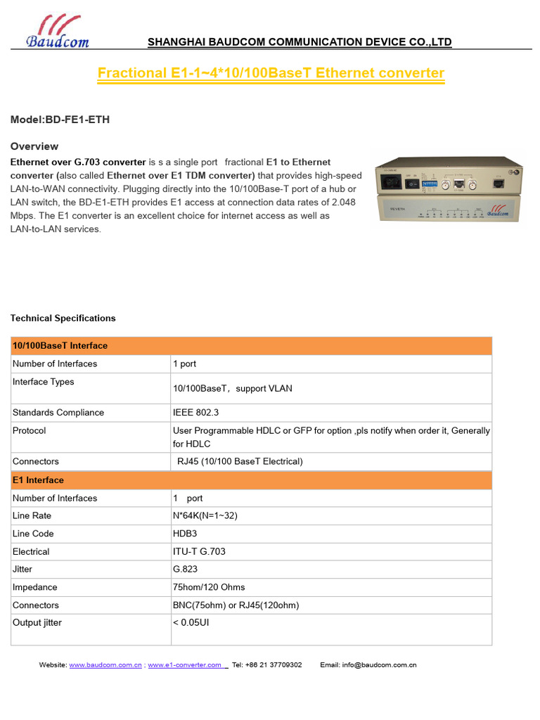 Ethernet over E1 Converter BD-FE1-ETH | PDF | Ethernet | Computer ...