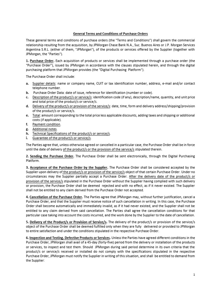 JPMorgan Chase Purchase Order Terms | PDF | Contractual Term | Jp ...