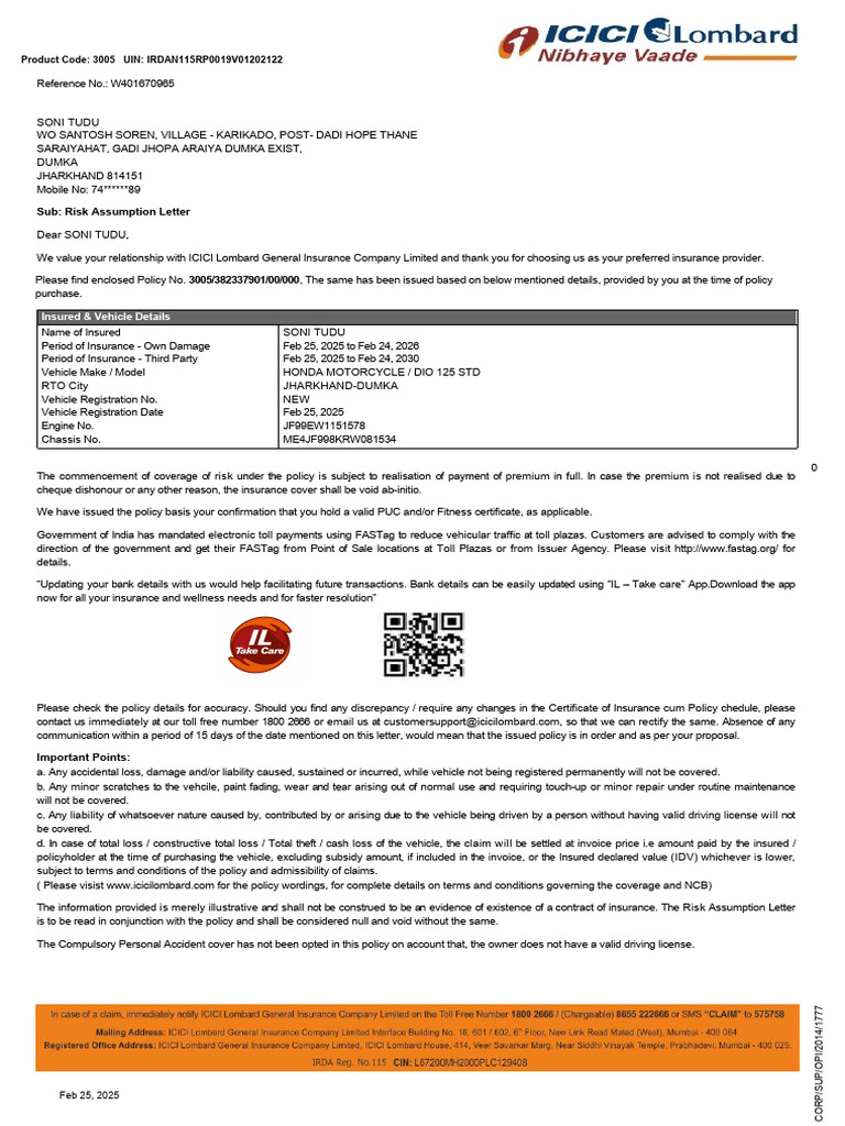 Sub: Risk Assumption Letter: Insured & Vehicle Details | PDF ...
