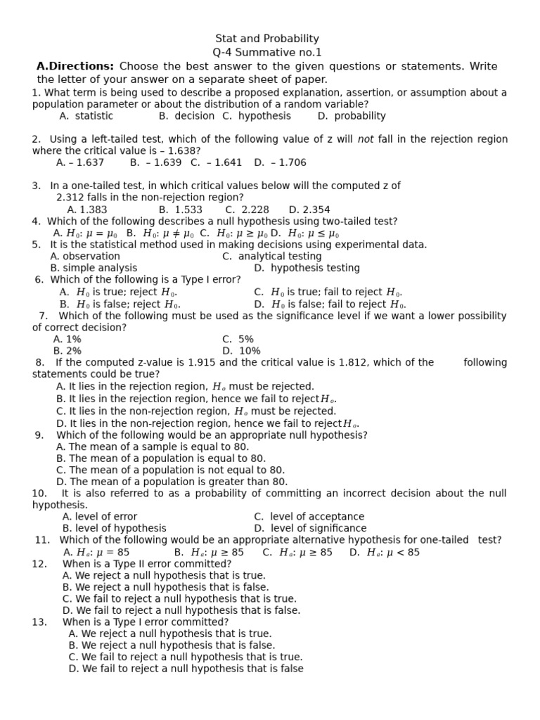 Stat and Probability Hypothesis Testing Guide | PDF | Statistical ...