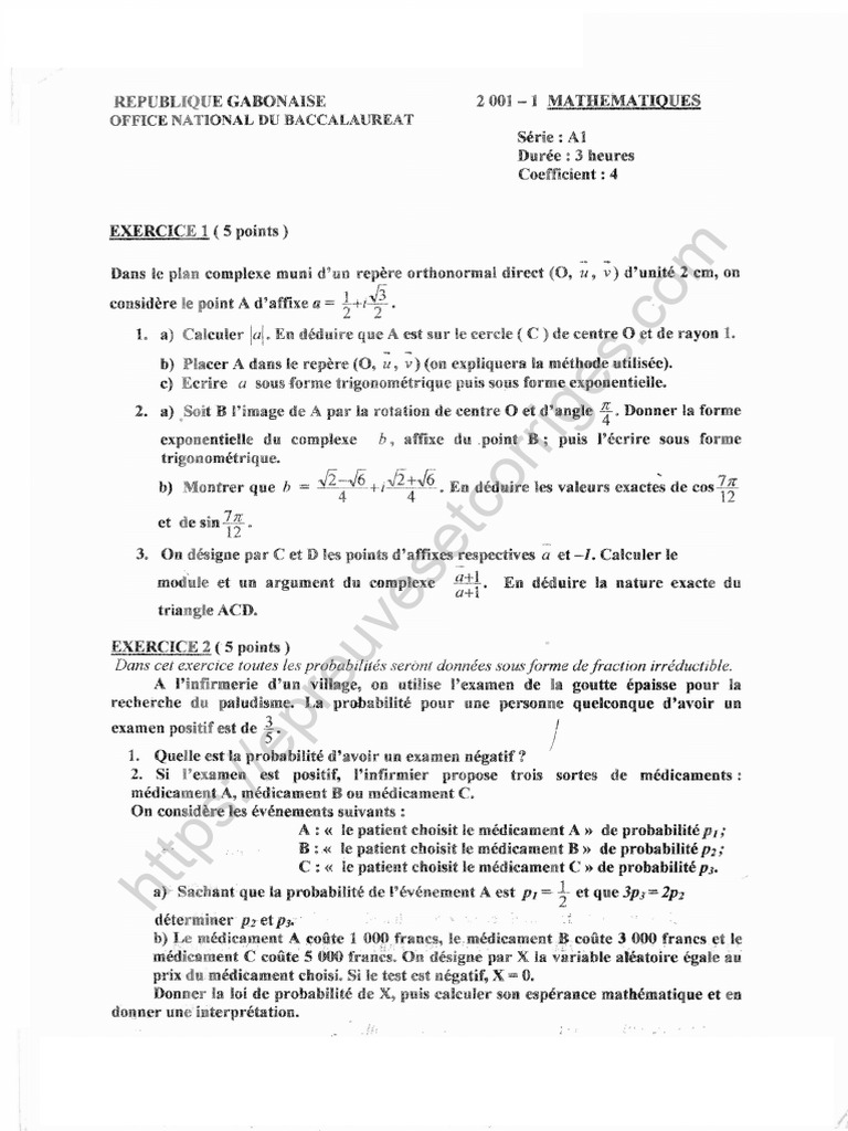 Corrigé Bac A1 Gabon 2001 | PDF | Nombre complexe | Fonction ...