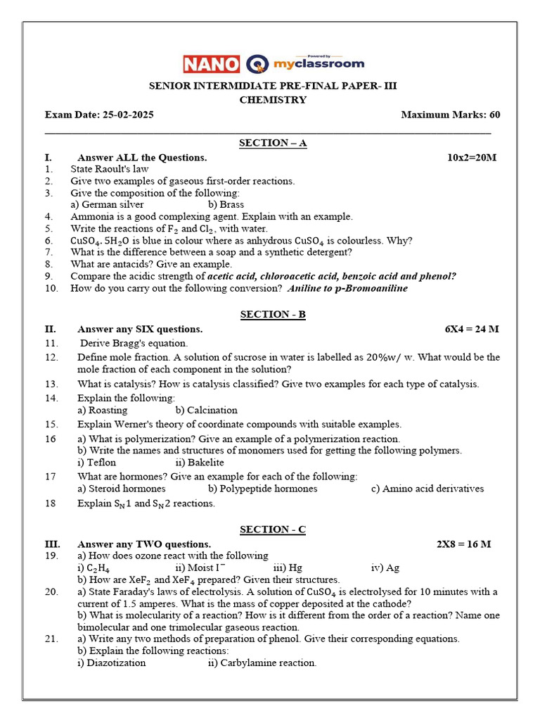 25.02.2025 - SR Chemistry - Prefinal - 3 | PDF | Chemical Reactions | Acid