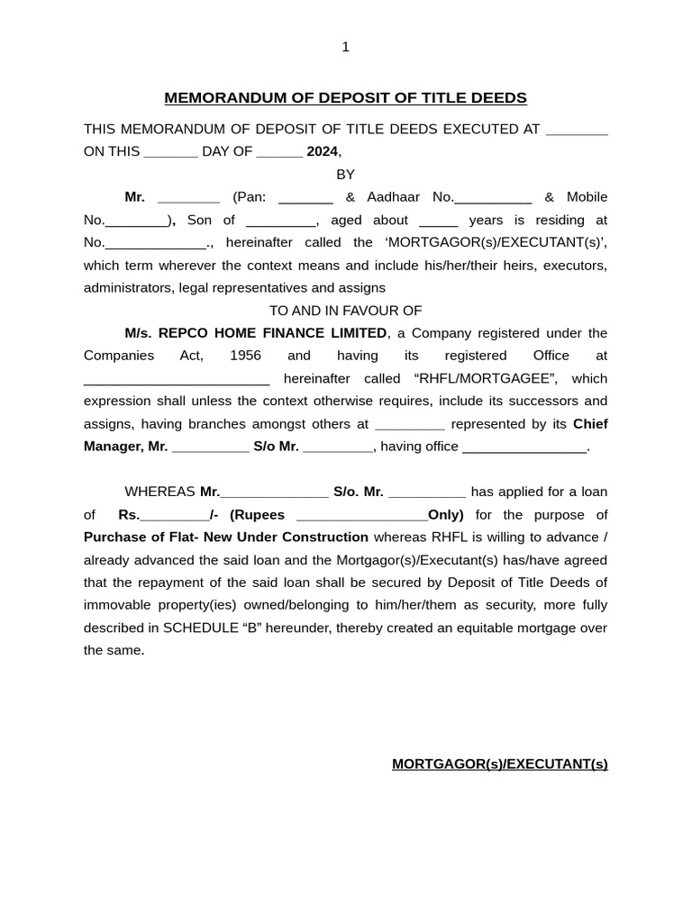 Memorandum for Title Deed Deposit | PDF | Mortgage Law | Law And Economics