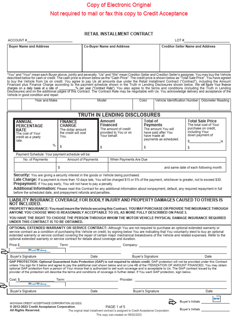 Michigan Retail Installment Contract | PDF | Arbitration | Repossession