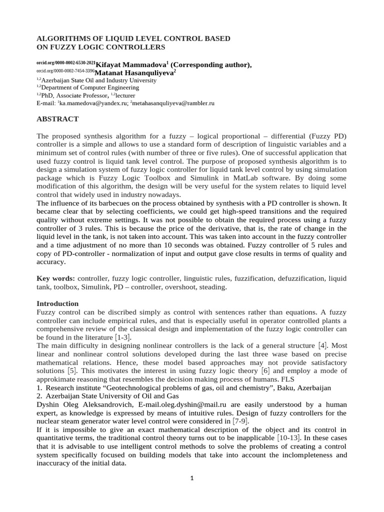 Fuzzy Logic Controllers for Liquid Level Control | PDF | Control Theory ...