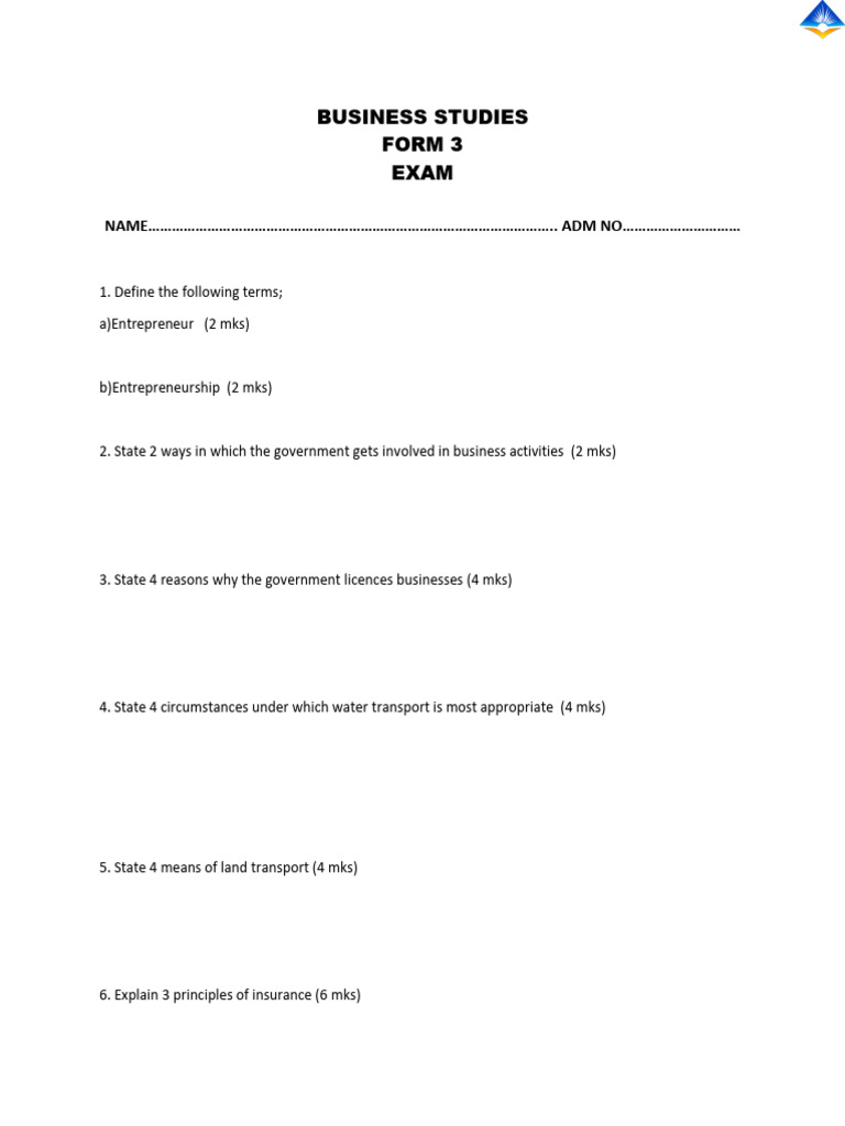 Business Studies Exam Questions for Form 3 | PDF