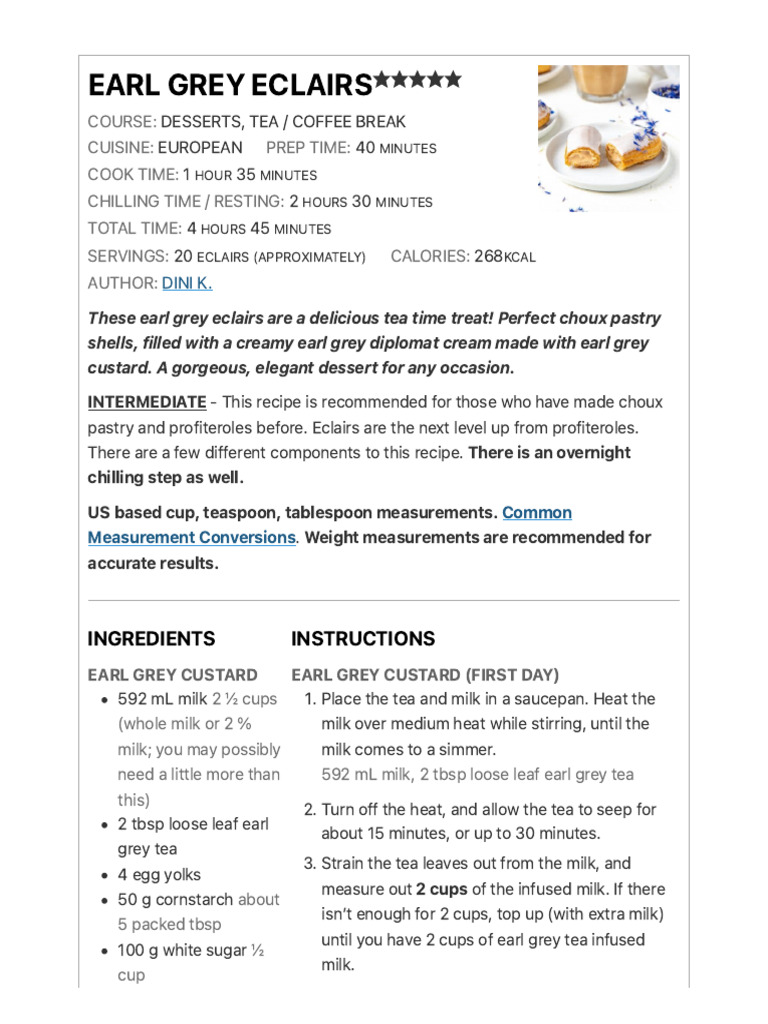 Earl Grey Eclairs Recipe Guide | PDF | Custard | Foods