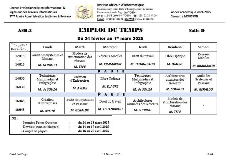 Emploi du temps ASR-3 IAI-Togo 2025 | PDF | Informatique